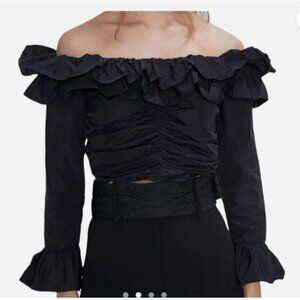 Zara Bardot Black off the shoulders Ruffled Ruched Crop Top Size L NEW WITH TAG